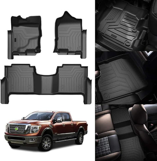 KUST Custom Fit Floor Mats for 2017-2024 Nissan Titan / 2016-2024 Nissan Titan XD Crew Cab (with Rear Under Seat Organizer) All Weather Floor Liners 5D 1st & 2nd Row Carpet Liners Black