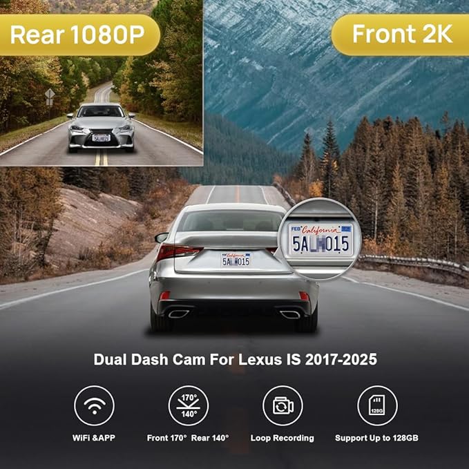 Fitcamx 2K Dual Dash Cam for 2017-2025 Lexus is 350 300 AWD 200t F Sport, OEM Style, Front 1440P+Rear 1080P HD Video, Built-in WiFi&APP, Loop Recording, Gravity Sensor, Easy to Use, 64GB MicroSD Card