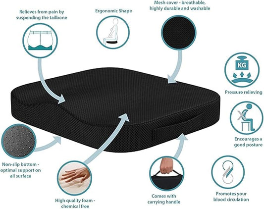 Portable Seat Cushion for Office Soft Memory Foam Seat Cushion Non Slip Bottom with Carry Handle,Washable Cover，Comfortable Coccyx Cushion for Home Office Chair Pad，Car Seat, Wheelchair (Black)