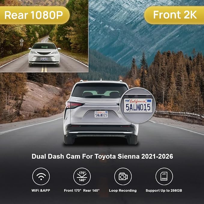 Fitcamx Front 2K+Rear 1080P Dash Cam Adapts for Toyota Sienna 2021-2026 LE Limited XLE Platinum XSE (XL40), OEM Factory Style, Dual HD Video, WiFi & APP, Loop Recording, Gravity Sensor, 64GB Card
