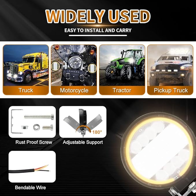 LED Light Pods,KaiDengZhe 72W 4.5" LED Work Light with Amber Strobe Halo Ring Off Road Pods Spot Flood Combo Lights Off Road Driving Fog Lights 12V -36V LED for Truck Pickup Jeep SUV ATV UTV-4PCS