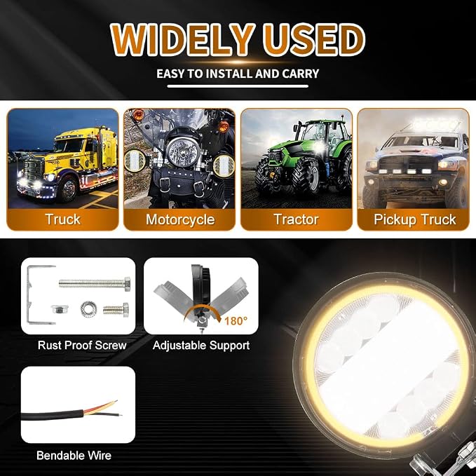 LED Light Pods,KaiDengZhe 72W 4.5" LED Work Light with Amber Strobe Halo Ring Off Road Pod Spot Flood Combo Lights Off Road Driving Fog Lights 12V -36V LED for Truck Pickup Jeep SUV ATV UTV-2PCS