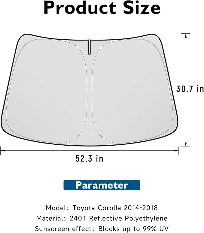 BIBLOZ Car Windshield Sun Shade for Toyota Corolla 2014-2018, L, LE, S, SE, XLE, XSE Accessories Foldable PET Sunshade Keeps The Car Cool Inside