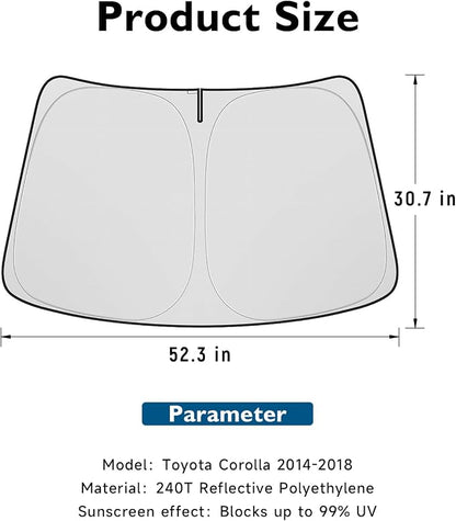 BIBLOZ Car Windshield Sun Shade for Toyota Corolla 2014-2018, L, LE, S, SE, XLE, XSE Accessories Foldable PET Sunshade Keeps The Car Cool Inside