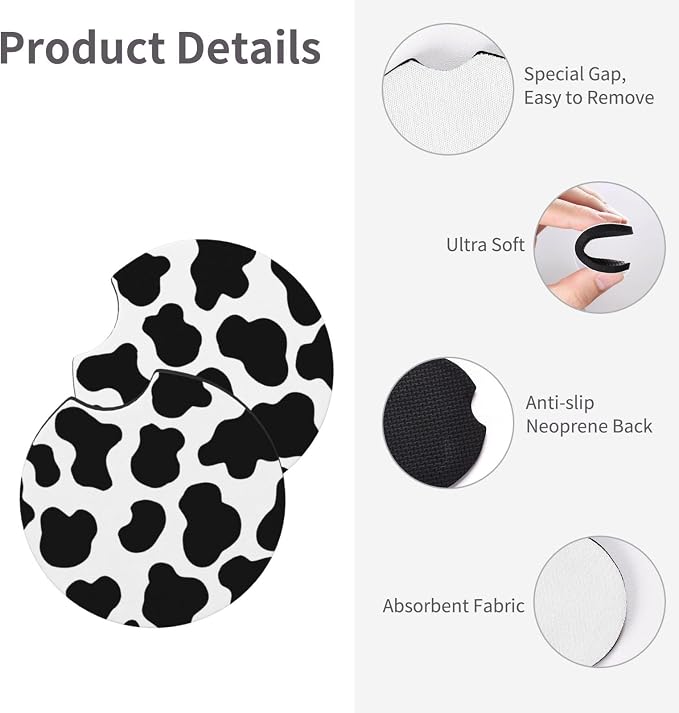 Cow Print Steering Wheel Cover + 2 Pc Cattle Print Car Coasters | Anti-Slip Breathable Universal 14.5-15.5 in for Suitable for Men Women