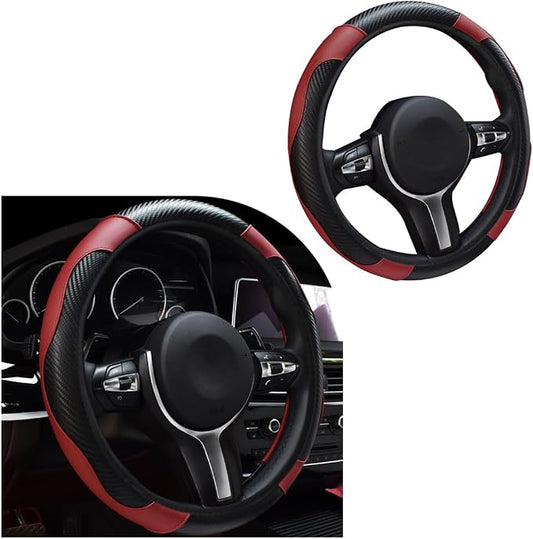 povtii Car Steering Wheel Cover, 15 Inch Leather Breathable Auto Steering Wheel Protector, Comfortable Non-Slip Vehicle Steering Wheel Covers, Universal Interior Car Accessories (Wine Red)
