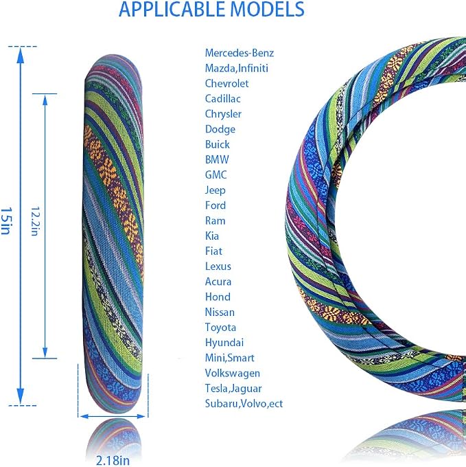 Universal 15inch Ethnic Style Baja Blanket Steering Wheel Cover with Coarse Flax Cloth and Sweat Absorption Anti Slip Car Wrap (Boho Blue)