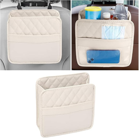 Mandark Car Seat Back Organizer, PU Leather Vehicle Backseat Hanging Storage Pocket, Multipurpose Auto Travel Essentials Accessories for Kids & Adults, Universal for Most Cars (Beige)