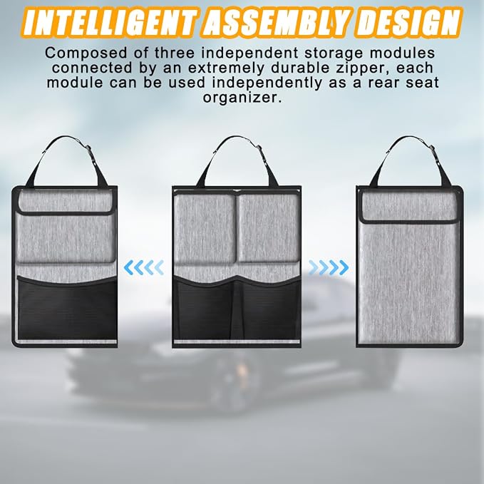 Mandark Car Trunk Organizer, Detachable Vehicle Seatback Hanging Storage Container with Zippers, Large Capacity Waterproof Auto Seat Back Trunk Bag Accessories, Universal for Most Vehicles (Gray)