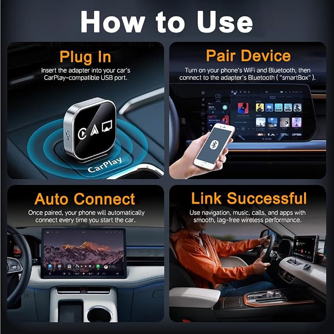 2026 Upgrade 3 in 1 Screen Mirror iOS Phone, Plug-and-Play Smart Car Interconnection Box with Fast 3s Connection, Voice Control, Split-Screen Display (H-C, for iPhone)