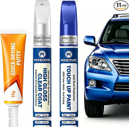 Atlas Blue Metallic B3 Touch Up Paint Compatible with Ford, All in One Car Scratch Repair Kit with Primer Putty & Clear Coat, Complete Sanding Tools Set for Scratches Chips Nicks