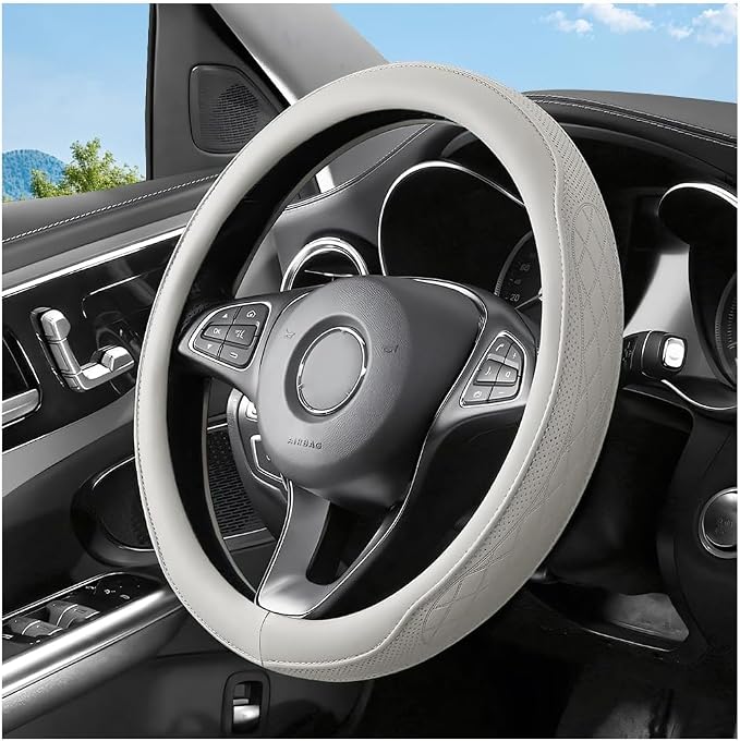 Zpana Car Steering Wheel Cover, 14.5-15" Breathable Soft Leather Vehicle Steering Wheel Protector with Anti-Slip Lining, Comfortable Auto Interior Decoration Accessories, Universal Fit (White)