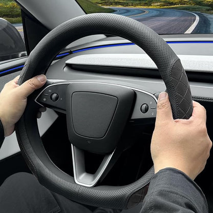 LKWLIKEI Leather Steering Wheel Cover. Elegant Diamond Checkered Design, Non-Slip and Breathable, for Tesla Model 3/Y Steering Wheel Protector,Black
