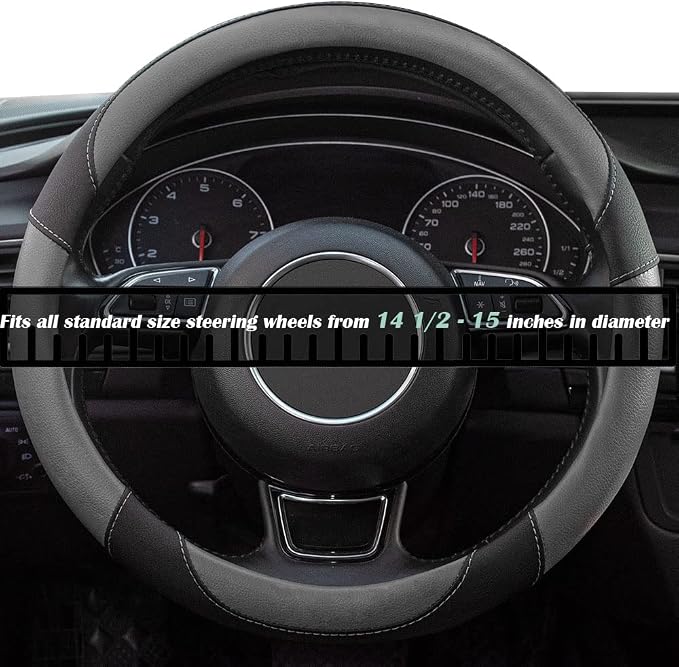 Steering Wheel Covers Gray Universal Microfiber Leather, Suitable for 14 1/2-15 inch Car Steering Wheel Cover, Breathable, Anti Slip & Odor