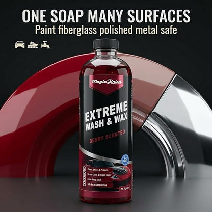 Magic Finish Extreme Berry Car Wash Soap & Wax – Multi-Surface Protective Formula for High-Gloss Shine – Hydrophobic 3-in-1 Formula for Streak-Free Cleaning – 16oz Concentrated Car Soap Wash and Wax