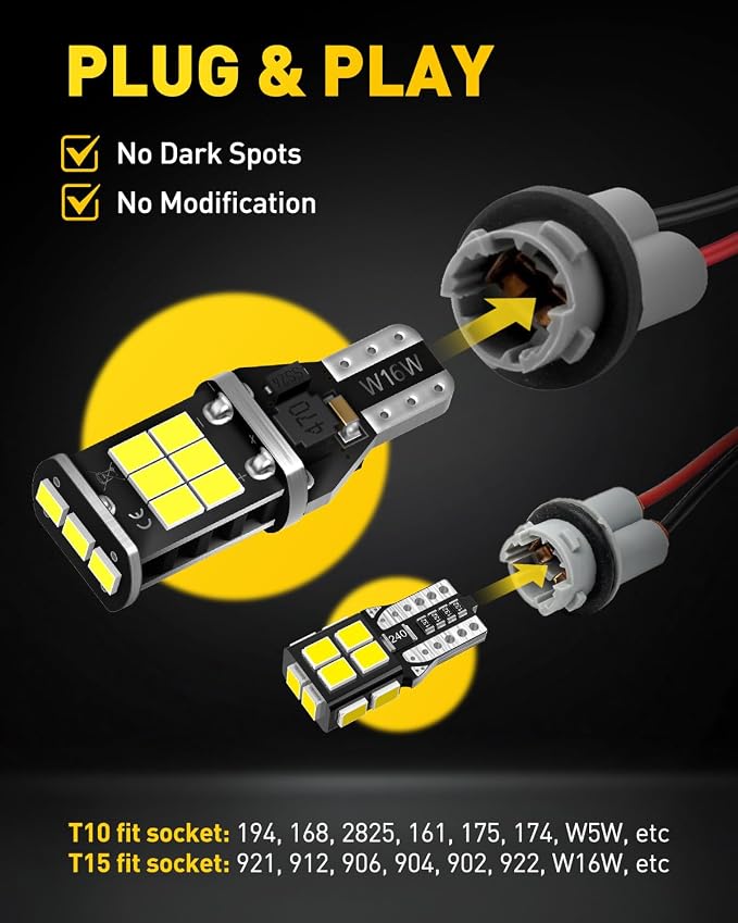 AUXITO 194 168 LED Bulb & 921 912 W16W LED Bulb Combo Kit, Error free for 2825 W5W Led License Plate Light Dome Map Trunk Marker Light and 906 T15 led Backup Reverse Light,6000K White, Pack of 4