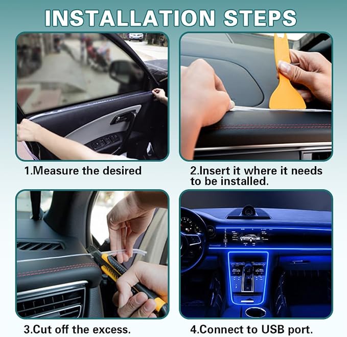 EL Wire Interior Car LED Strip Lights, 16.5FT USB Neon Glowing Strobing El Wire Lights with 6mm Sewing Edge, Ambient Lighting Kits Universal Car Interior Accessories for Most Car (Blue)