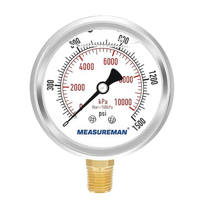 MEASUREMAN 2-1/2" Dial Size, Glycerin Filled Pressure Gauge, 0-1500psi/kpa, 304 Stainless Steel Case, 1/4" NPT Lower Mount