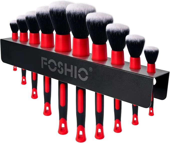 FOSHIO Car Detailing Brush Holder with the Mounting Hardware, Durable Solid Painted Metal Rack for Putting Different Size 10 Car Detailing Brushes, Wall Mount for Garage Workshop