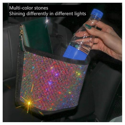 Bling Rhinestones Car Trash Can, Car Seat Back Organizer Trash Bag Auto Garbage Can Hanging Container Waste-Basket - Colorful