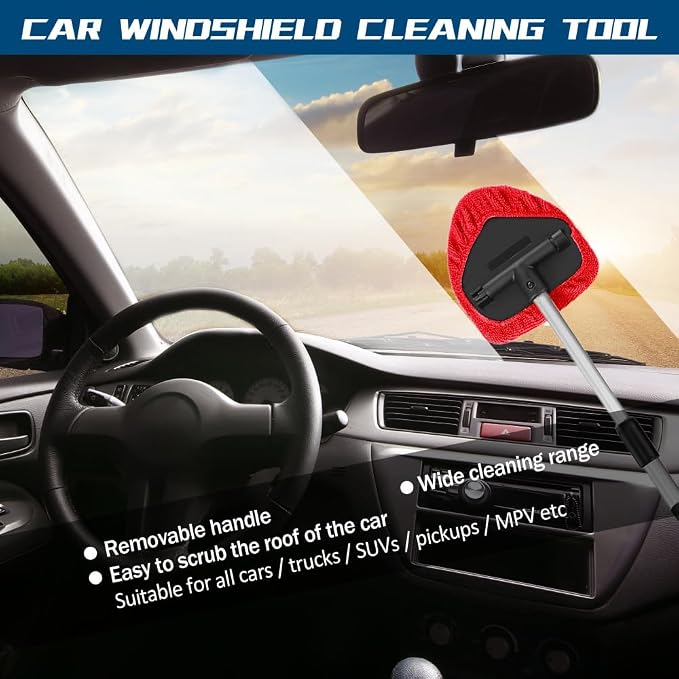 Car Wash Brush with Long Handle, Windshield Cleaning Tool, Car Washing Mop Kit Mitt Sponge Car Cleaning Supplies Kit, Microfiber Towel Gloves Universal for Cars RV SUV Truck Office (Red)