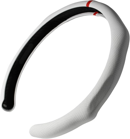 Quick Install Sporty White Perforated Nappa Leather Steering Wheel Cover with Red Top Stripe for Car SUV Pickup White Trim