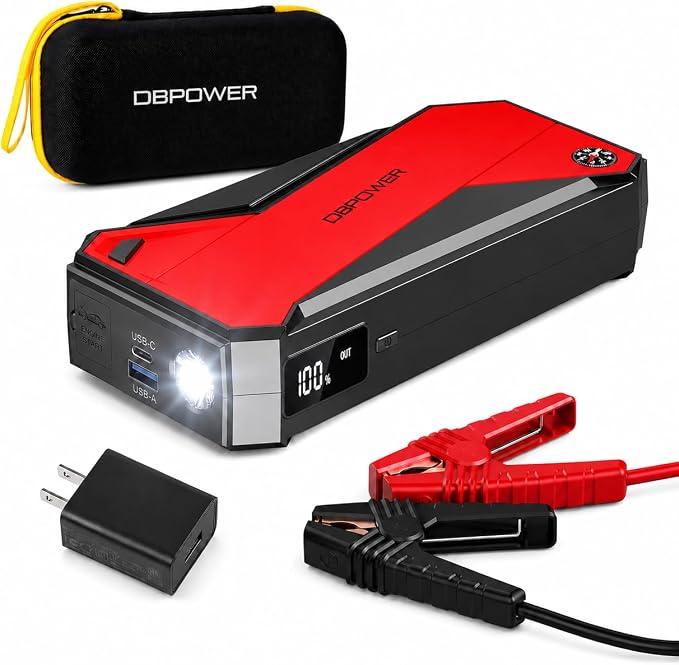 DBPOWER Peak 3000A 18000mAh Portable Car Jump Starter (up to 8.0L Gas, 6.0L Diesel Engine) Battery Booster with Smart Charging Port, Compass, LCD Screen and LED Light (Black/Red)