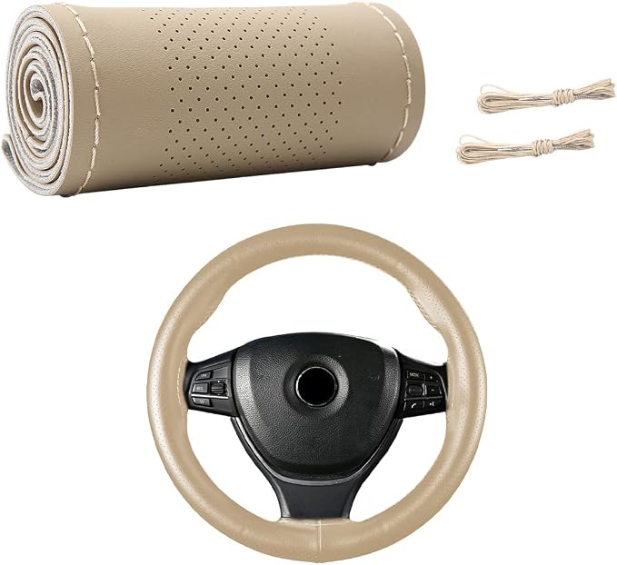 Wevdn Genuine Leather Steering Wheel Cover, Stitch on Wrap, DIY Sewing Steering Wheel Protector, 15 Inch Breathable Non-Slip Steering Wheel Protector, Car Accessories (Beige, Middle Hole)