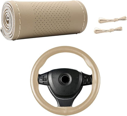 Wevdn Genuine Leather Steering Wheel Cover, Stitch on Wrap, DIY Sewing Steering Wheel Protector, 15 Inch Breathable Non-Slip Steering Wheel Protector, Car Accessories (Beige, Middle Hole)