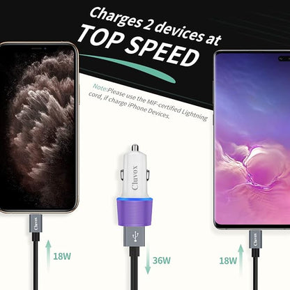 Rapid USB C Car Charger, Compatible for Samsung Galaxy S26/S25 Plus/Ultra/S24/S23/S22/S21/Note 20/S20/S10/S9/A56/A36/A50/A70, Quick Charge 3.0 Dual USB 18W Fast Car Charger+ Type C Cable 3.3ft-Purple