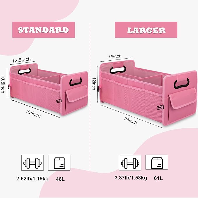 JiatuA Car Trunk Organizer, Car Organizers and Storage Collapsible Multi Compartment Container Box, Adjustable Car Accessories for SUV Sedan Truck, Large Size, Pink