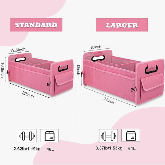 JiatuA Car Trunk Organizer, Car Organizers and Storage Collapsible Multi Compartment Container Box, Adjustable Car Accessories for SUV Sedan Truck, Large Size, Pink