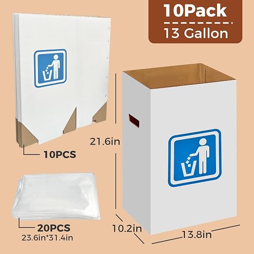 13 Gallon Cardboard Trash cans for Events (Pack of 10)， with 20 Liners Included，Be applicableOutdoor Events pop up Trash cans for Parties，Reusable Portable Garbage Can，in-Home Recycling Bins