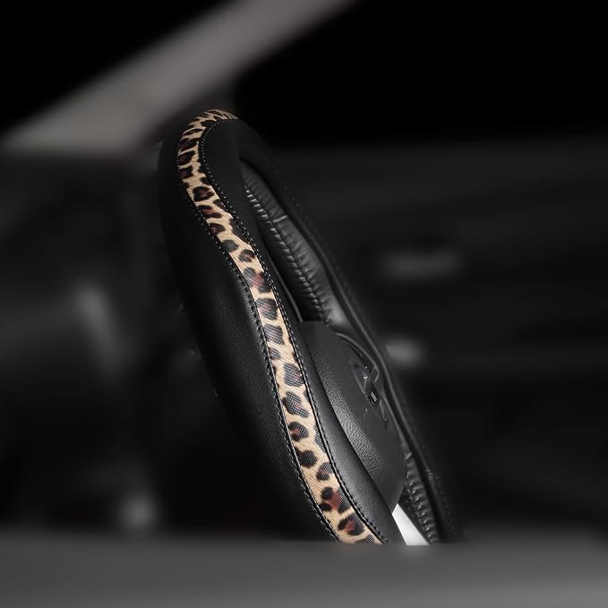 Road Comforts Steering Wheel Cover - Flat Bottom Wheel Cover Made with PVC Leather and Leopard Fabric - Universal Fit for 15-Inch D-Shaped Automotive Steering Wheels (Black Color)