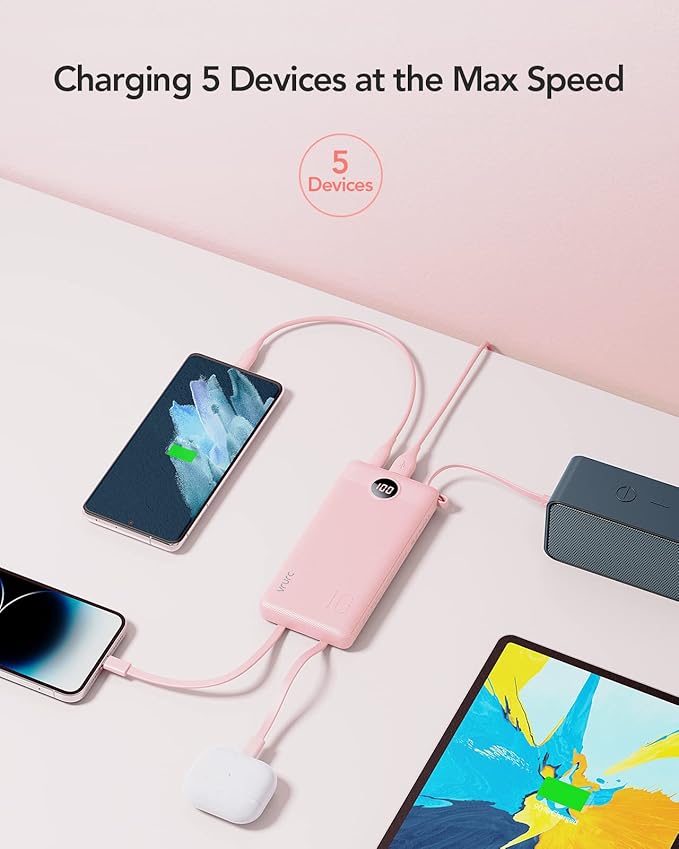 VRURC Portable Charger Power Bank, Built-in 4 Cables & 2 Ports,10000mAh Slim Battery Pack with LED Display, Travel Essential USB C Portable Phone Charger for All Cell Phones Devices-Pink(1 Pack)