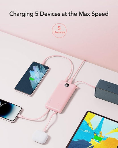 VRURC Portable Charger Power Bank, Built-in 4 Cables & 2 Ports,10000mAh Slim Battery Pack with LED Display, Travel Essential USB C Portable Phone Charger for All Cell Phones Devices-Pink(1 Pack)