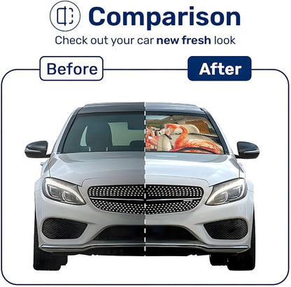 GENANY Flamingo Windshield Sun Shade for Car SUV Truck (64x32 Inches), Automobile Sunshade, Protector Blocks UV, Car Decor