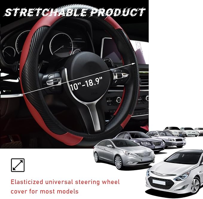 povtii Car Steering Wheel Cover, 15 Inch Leather Breathable Auto Steering Wheel Protector, Comfortable Non-Slip Vehicle Steering Wheel Covers, Universal Interior Car Accessories (Wine Red)