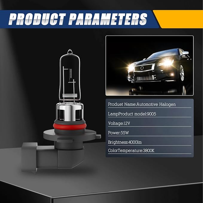 9005 HB3 Halogen Headlight Bulb,3800K, 4000 Lumens,12V 55W Standard Halogen Light Bulb,Head Light Bulbs for Car,High Brightness Headlight Bulb,Headlight Bulbs High and Low Beam,Pack of 2