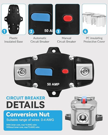 100 Amp Circuit Breaker 12-48 Volt DC 100A Self Recovery Resettable High Amp Circuit Breaker with Manual Reset Button for Automotive RV Marine Boat Car Audio and Amps Protection