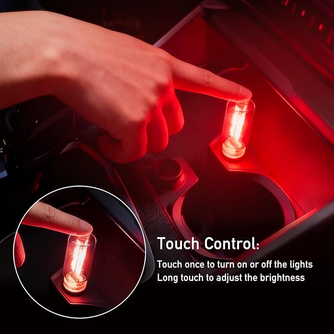 2 PCS USB Lights, Plug-in Retro Car Atmosphere Night Light with Touch Dimmable, Portable Mini Glass Bottle LED Bulb for Car Interior Bedroom Hallway Camping Holiday Decoration (Blue & Red)