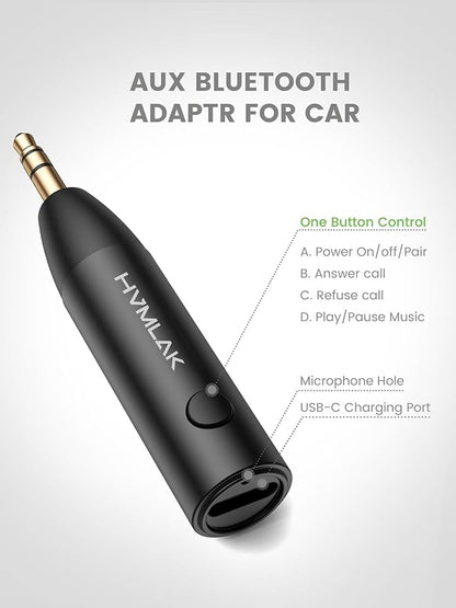 HVMLAK Bluetooth 5.4 Car Aux Adapter with Enhanced Microphone, 3.5mm Jack for Car Home Stereo, USB-C Charging, Sturdy Case, 1 Piece
