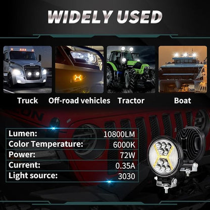 2PCS 72W Round LED Pods, Off Road LED Work Light with 4.5" Amber Strobe DRL Light, Spot Flood Combo Beam, 12V-36V for Motorcycle SUV Boat Truck