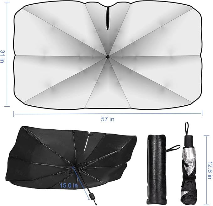[2026 Upgraded] Sedan SUV Car Sun Shade for Windshield UV Rays and Heat Sun Visor Protector, Foldable Windshield Sun Shade Umbrella,Keep Car Cool,Easy to Use/Store,57''x 30''