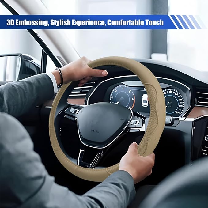 Car Steering Wheel Cover, 15 Inch Leather Anti-Slip Breathable Automotive Steering Wheel Protector, Universal Heat Resistant Vehicle Interior Accessories Cars, SUVs, Trucks(Beige)
