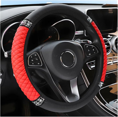 Osilly Bling Car Steering Wheel Cover, 15 Inch Rhinestones Soft Leather Elastic Steering Wheel Protector, Sparkly Crystal Diamond for Women Girls, Car Interior Accessories for Most Cars (Red)