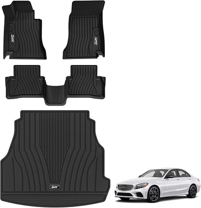 3W Floor Mats & Cargo Liner for Mercedes Benz C-Class 2022-2025 2026 C300/C43 AMG/C63 AMG S E (Fit Sedan Only), TPE All Weather 1st & 2nd Row Set Floor Liner for Benz C-Class Car Mats
