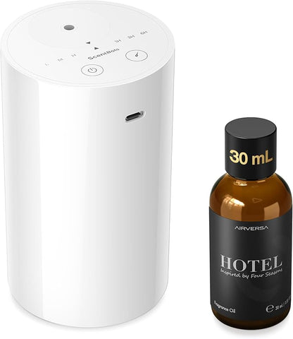 Waterless Essential Oil Diffuser Starter Kit with 30mL Hotel Scent Fragrance Oil, Rechargeable Portable Scent Diffuser with 3 Timers/Mist Levels for Car Room Home Office, ANZ White KIT