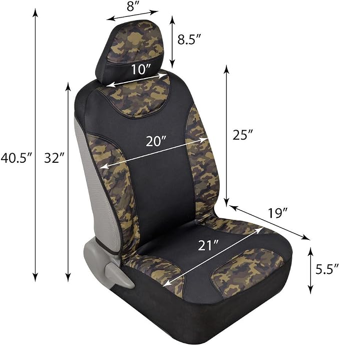 BDK Waterproof Camo Seat Covers for Car Truck Van SUV, 2 Pack – Two-Tone Black & Camouflage, Durable Neoprene Seat Protectors, Sideless Design Compatible with Armrests and Airbags