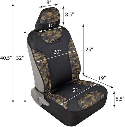 BDK Waterproof Camo Seat Covers for Car Truck Van SUV, 2 Pack – Two-Tone Black & Camouflage, Durable Neoprene Seat Protectors, Sideless Design Compatible with Armrests and Airbags